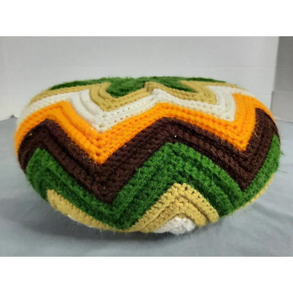 Vintage 70s Handmade Crochet Double Sided Round Throw Pillow Floral Boho‎ Granny